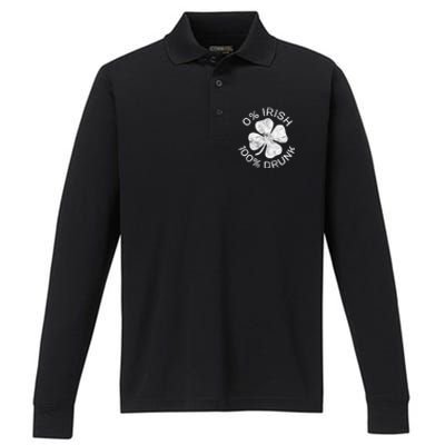 0% Irish 100% Drunk Vintage Saint Patricks Day Performance Long Sleeve Polo