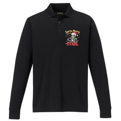 03 Sorta Merry Sorta Scary Funny Christmas Skeleton Performance Long Sleeve Polo