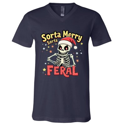 03 Sorta Merry Sorta Scary Funny Christmas Skeleton V-Neck T-Shirt