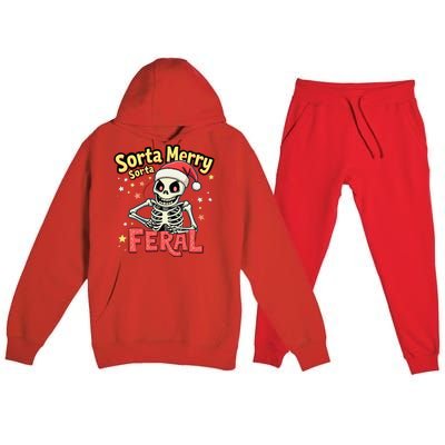 03 Sorta Merry Sorta Scary Funny Christmas Skeleton Premium Hooded Sweatsuit Set