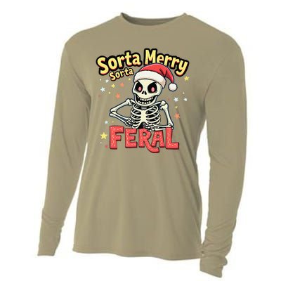 03 Sorta Merry Sorta Scary Funny Christmas Skeleton Cooling Performance Long Sleeve Crew