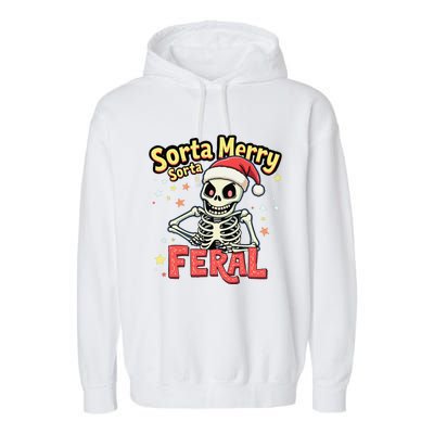 03 Sorta Merry Sorta Scary Funny Christmas Skeleton Garment-Dyed Fleece Hoodie