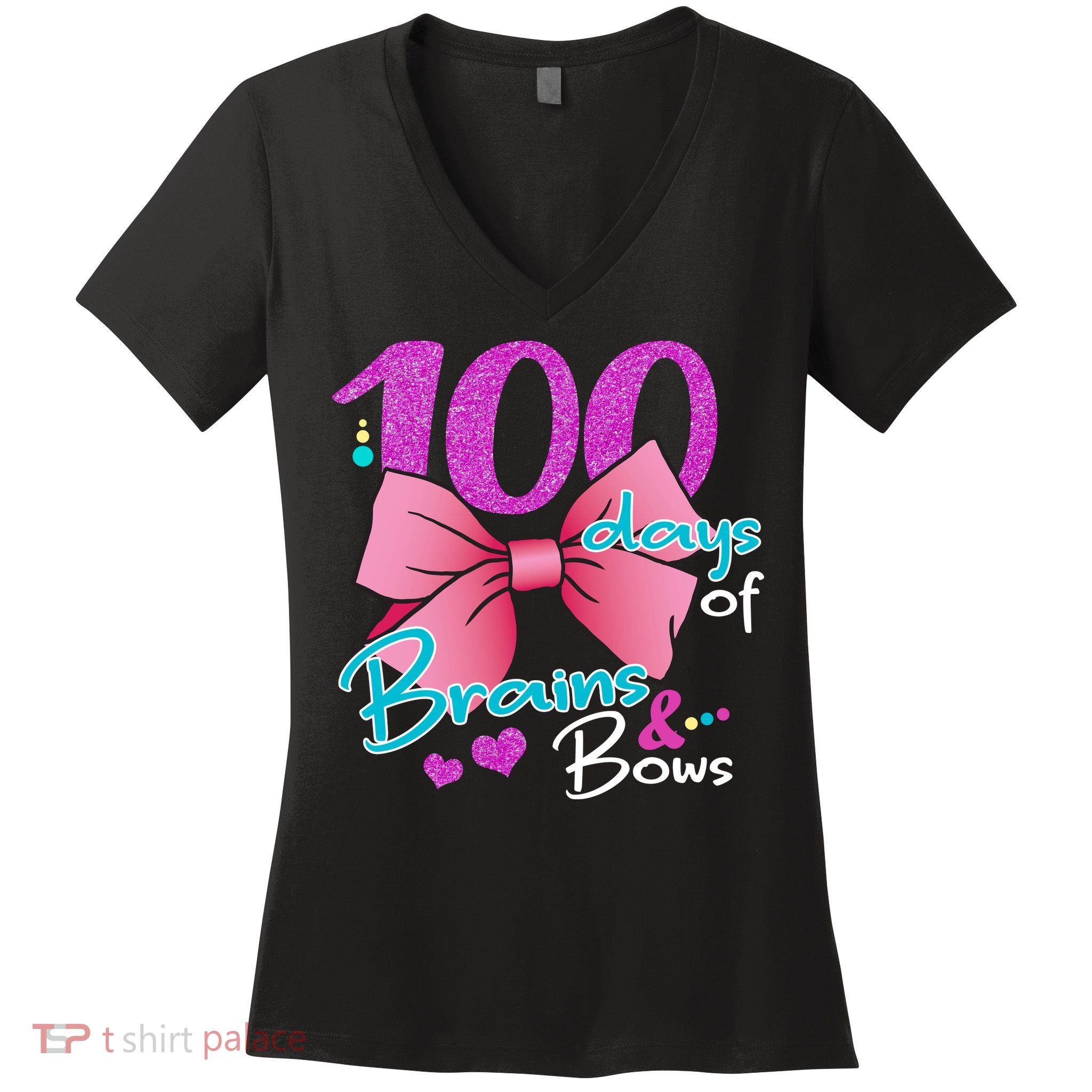 100 Days Of School Brains and Bows Women's V-Neck T-Shirt