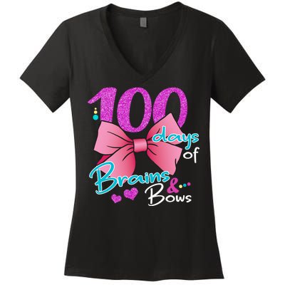 100 Days Of School Brains and Bows Women's V-Neck T-Shirt