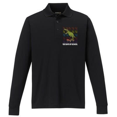 100 Days of School Cool Dinosaur Performance Long Sleeve Polo