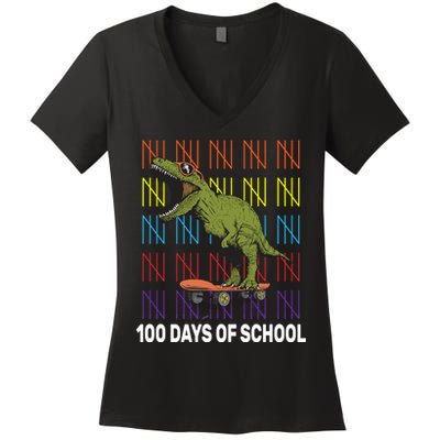 100 Days of School Cool Dinosaur Women's V-Neck T-Shirt