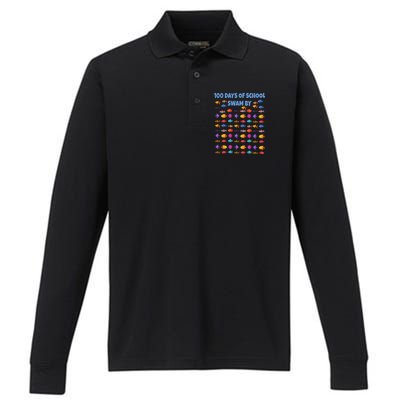 100 Days Of School Swam By Fish Performance Long Sleeve Polo