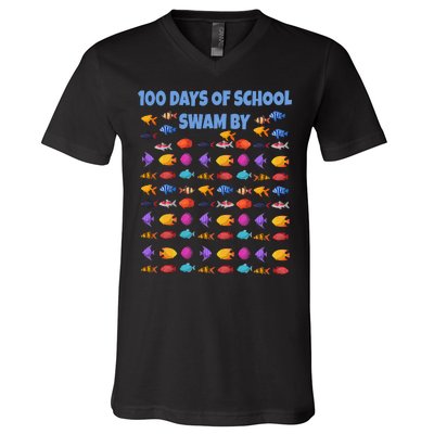 100 Days Of School Swam By Fish V-Neck T-Shirt