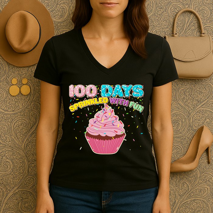 100 Days Sprinkled With Fun Cupcake  Women's V-Neck T-Shirt