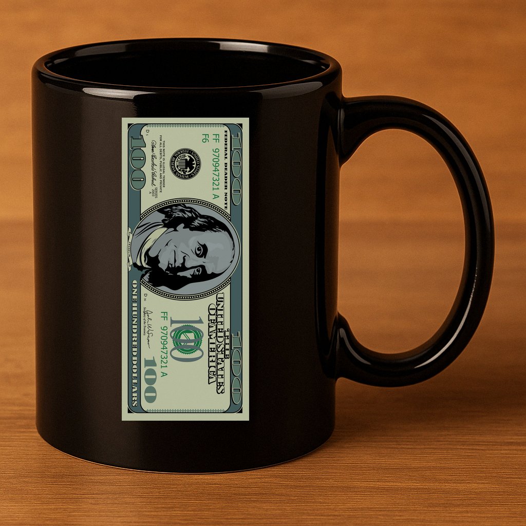 100 Dollar Bill - $100 - Benjamin Franklin Money 11oz C Handle Ceramic Mug
