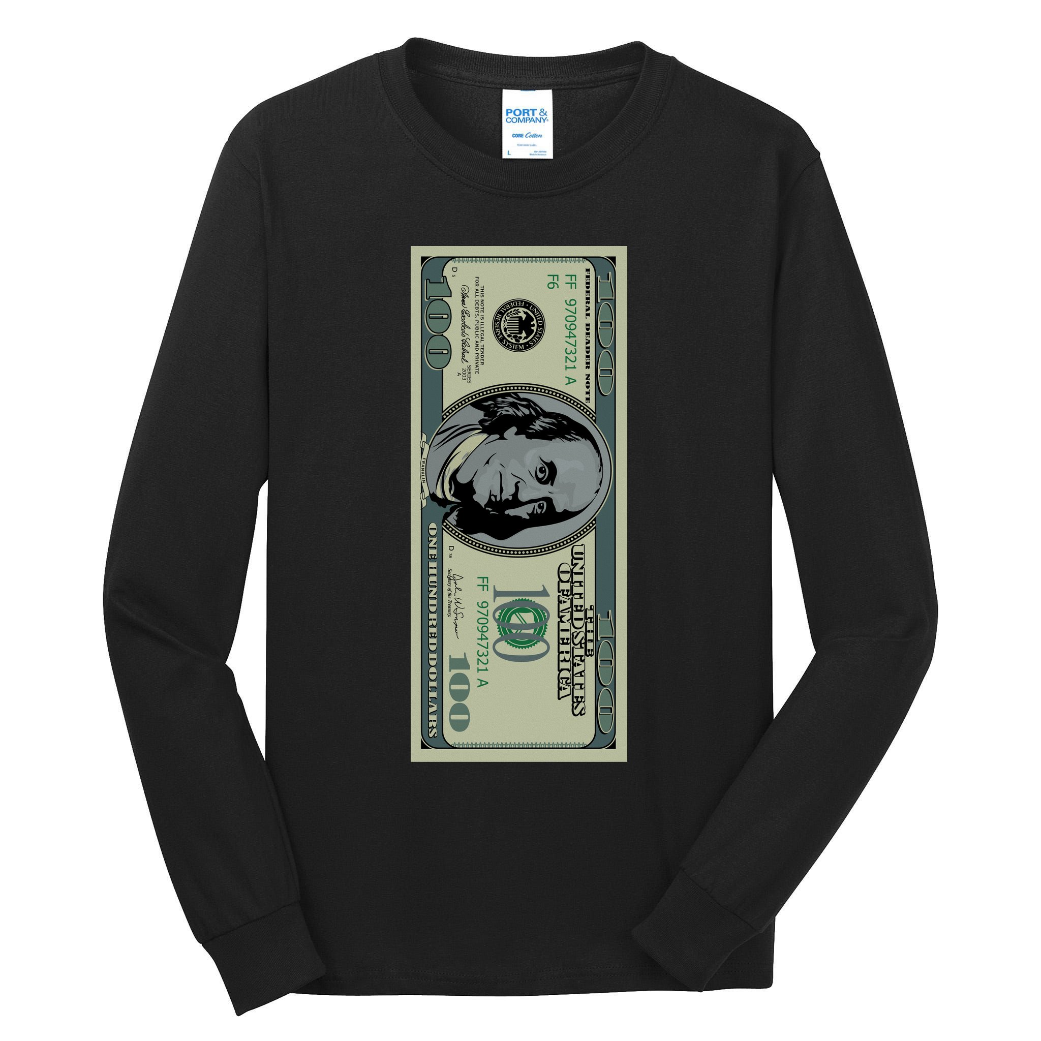 100 Dollar Bill - $100 - Benjamin Franklin Money Tall Long Sleeve T-Shirt