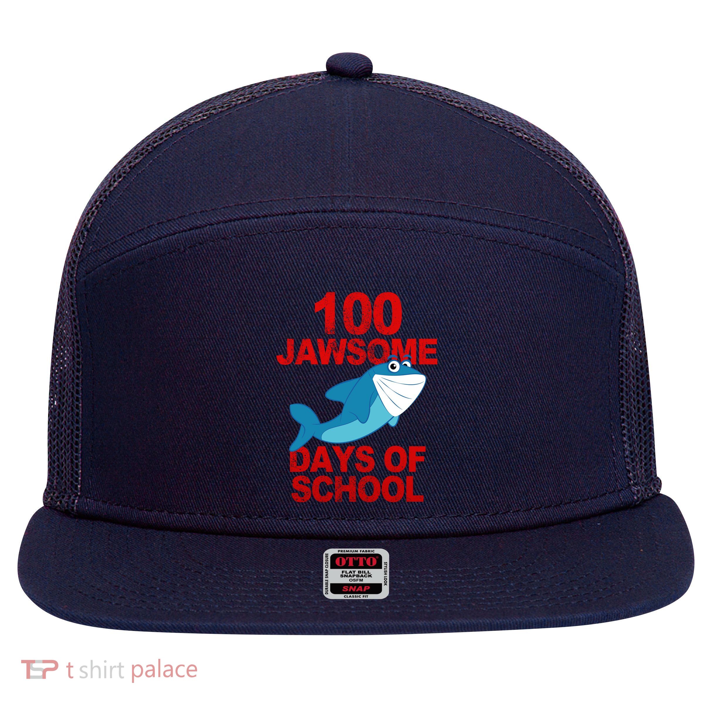 100 Jawsome Days Of School Shark 7 Panel Mesh Trucker Snapback Hat