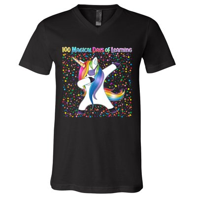 100 Magical Days of Learning Dabbing Unicorn V-Neck T-Shirt