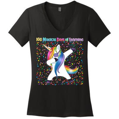 100 Magical Days of Learning Dabbing Unicorn Women's V-Neck T-Shirt