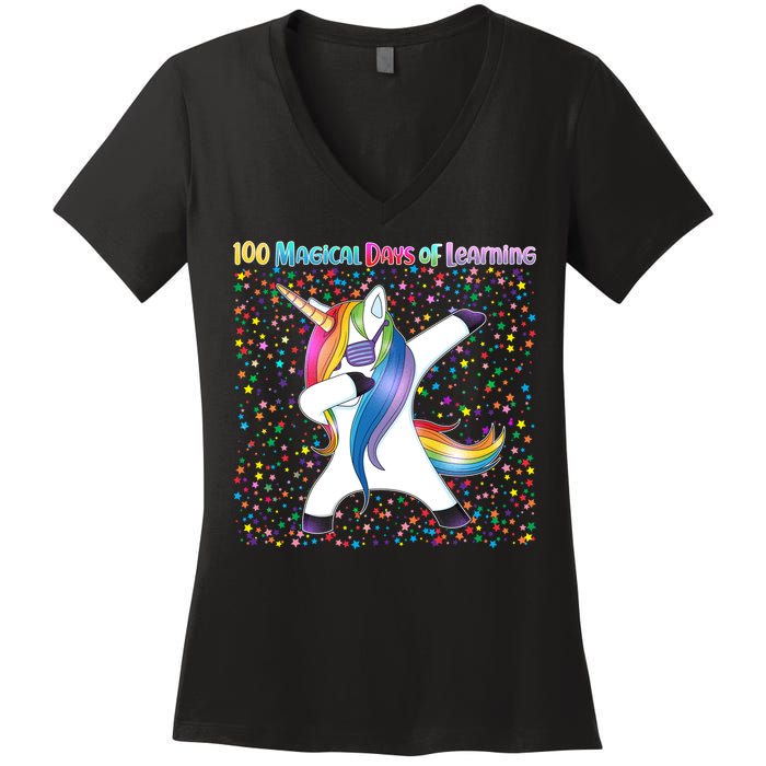 100 Magical Days of Learning Dabbing Unicorn Women's V-Neck T-Shirt