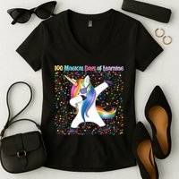 100 Magical Days of Learning Dabbing Unicorn Women's V-Neck T-Shirt