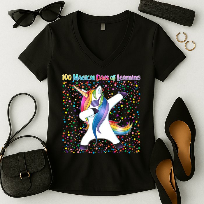 100 Magical Days of Learning Dabbing Unicorn Women's V-Neck T-Shirt