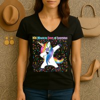 100 Magical Days of Learning Dabbing Unicorn Women's V-Neck T-Shirt