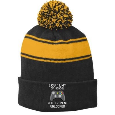 100th Day Of School Achievement Unlocked Cute Stripe Pom Pom Beanie