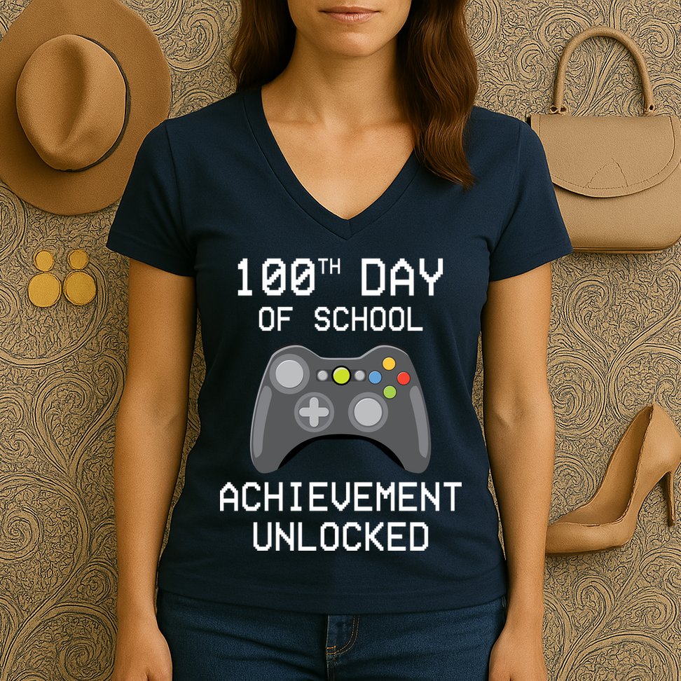 100th Day Of School Achievement Unlocked Cute Women's V-Neck T-Shirt