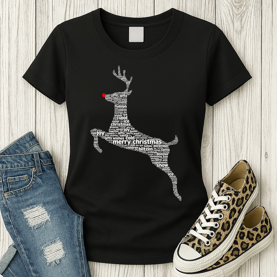 Wordy Reindeer Christmas Womens T-Shirt