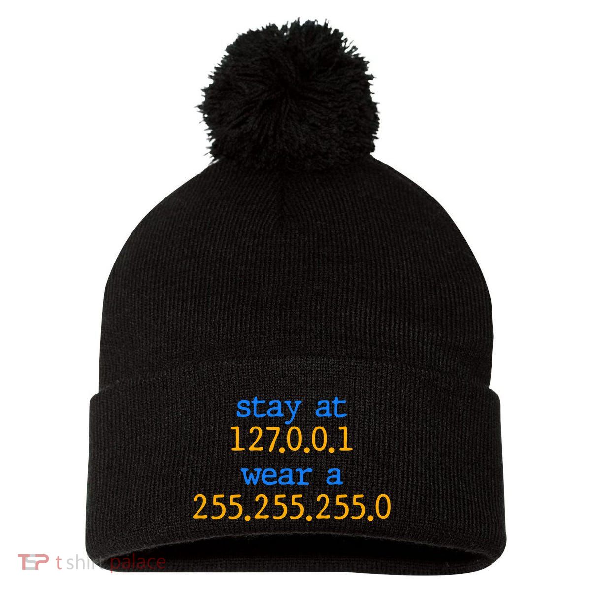 127.0.0.1 255.255.255.0 Code Stay At Home Wear A Face Mask Pom Pom 12in Knit Beanie