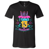 13th Birthday I Turned 13 In Quarantine Pink Frosting V-Neck T-Shirt