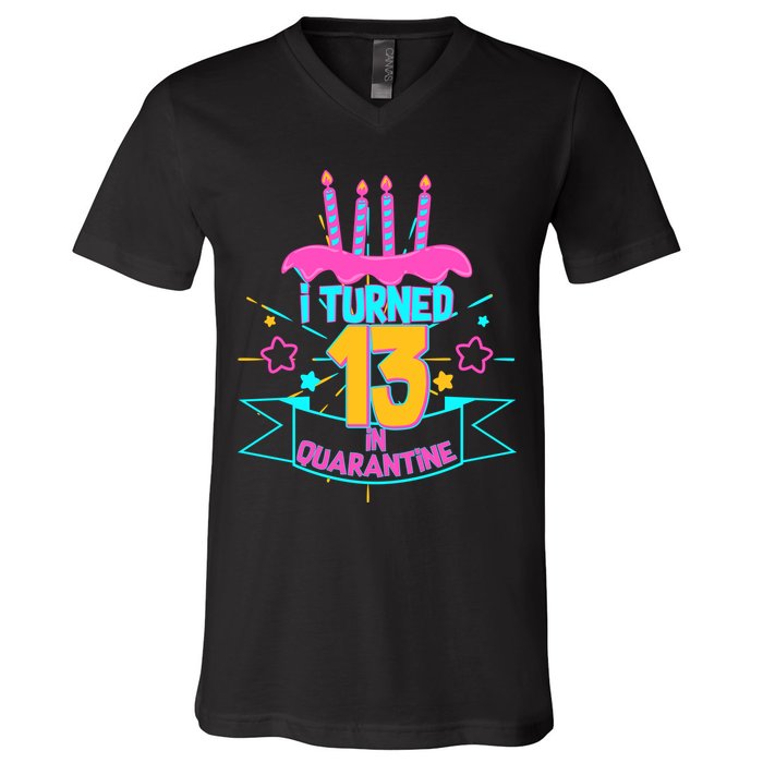 13th Birthday I Turned 13 In Quarantine Pink Frosting V-Neck T-Shirt