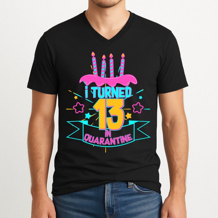 13th Birthday I Turned 13 In Quarantine Pink Frosting V-Neck T-Shirt