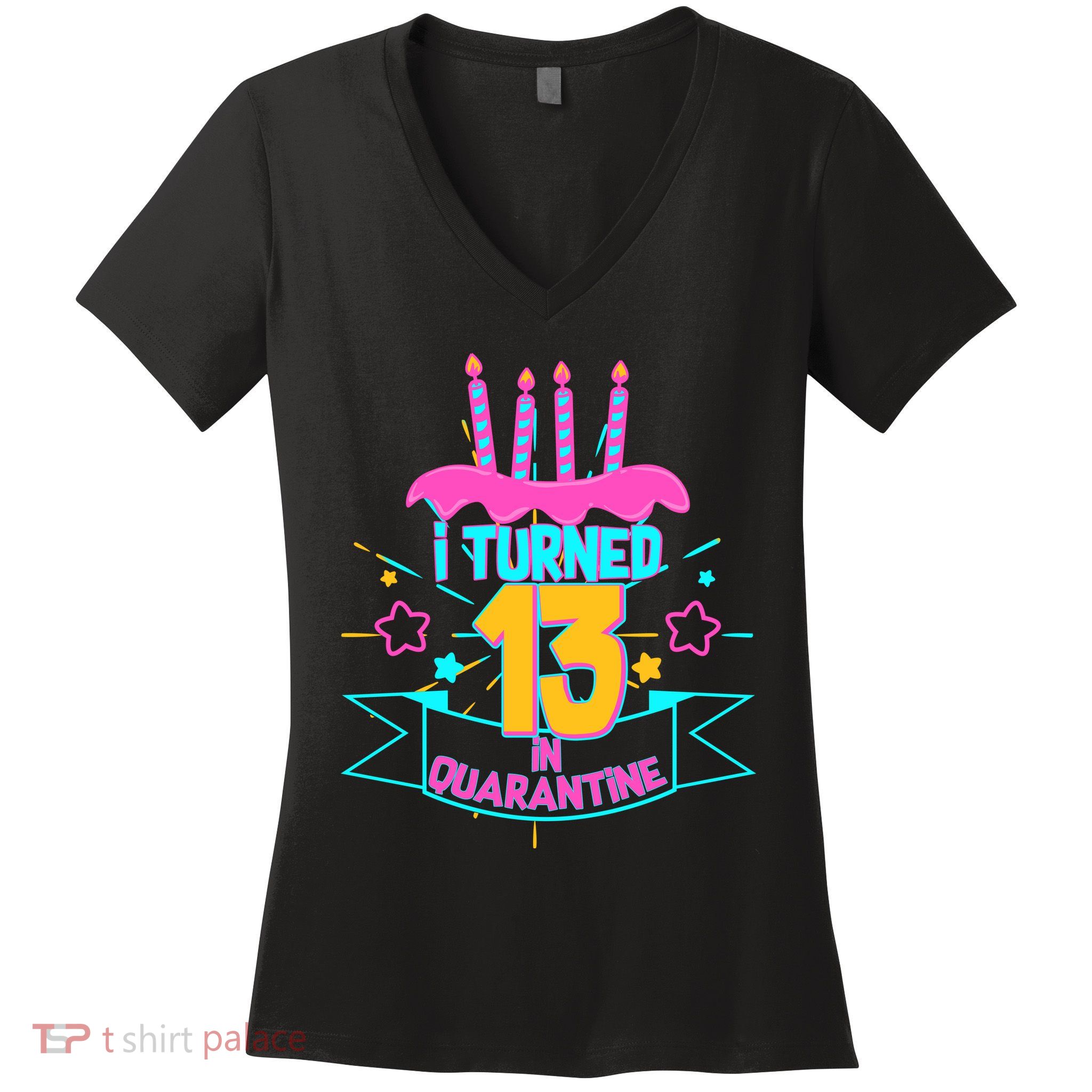 13th Birthday I Turned 13 In Quarantine Pink Frosting Women's V-Neck T-Shirt