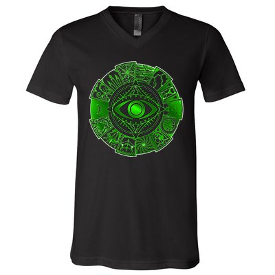 15 Fears Wheel Evil Green Eye V-Neck T-Shirt