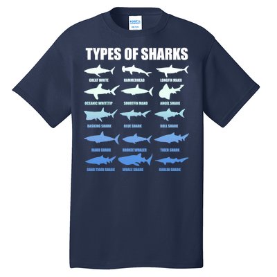 15 Types of Sharks Tall T-Shirt