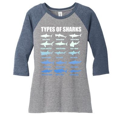 15 Types of Sharks Women's Tri-Blend 3/4-Sleeve Raglan Shirt