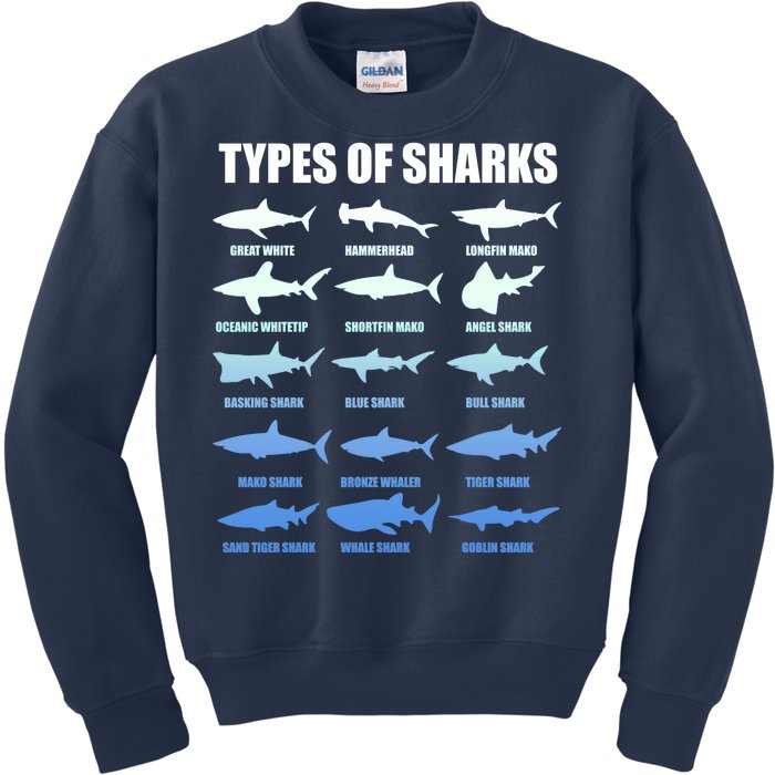 15 Types of Sharks Kids Sweatshirt