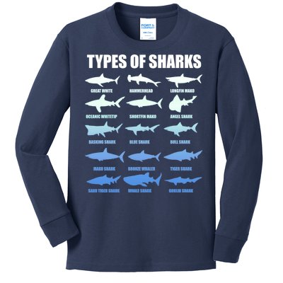 15 Types of Sharks Kids Long Sleeve Shirt