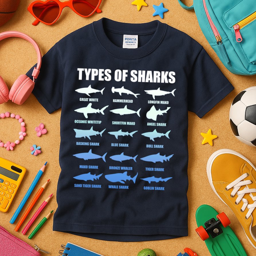 15 Types of Sharks Kids T-Shirt