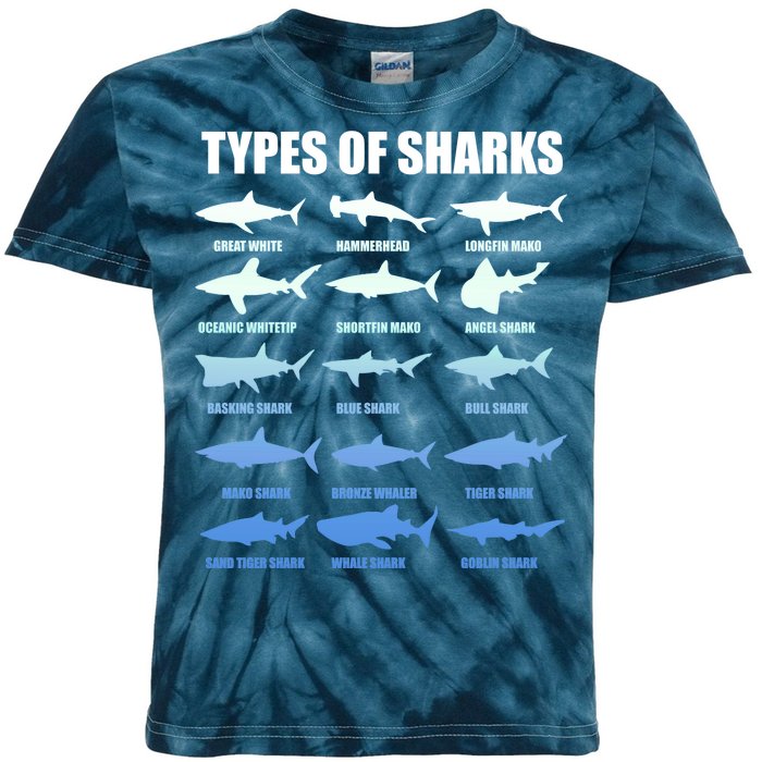 15 Types of Sharks Kids Tie-Dye T-Shirt