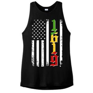 1619 US Flag African American Traditional Colors Ladies PosiCharge Tri-Blend Wicking Tank