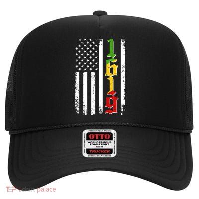 1619 US Flag African American Traditional Colors High Crown Mesh Back Trucker Hat