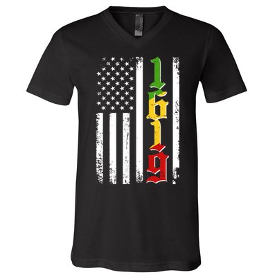 1619 US Flag African American Traditional Colors V-Neck T-Shirt