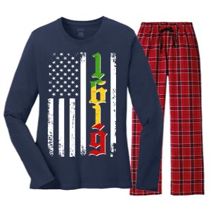 1619 US Flag African American Traditional Colors Women's Long Sleeve Flannel Pajama Set 