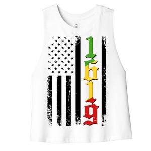 1619 US Flag African American Traditional Colors Women's Racerback Cropped Tank