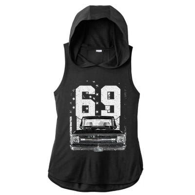 1969 69 C10 Truck Vintage 4th Of July American Flag Ladies PosiCharge Tri-Blend Wicking Draft Hoodie Tank