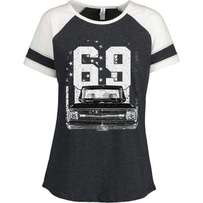 1969 69 C10 Truck Vintage 4th Of July American Flag Enza Ladies Jersey Colorblock Tee