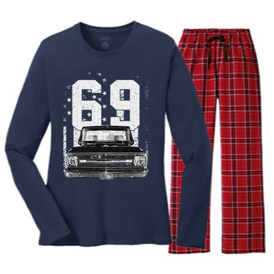 1969 69 C10 Truck Vintage 4th Of July American Flag Women's Long Sleeve Flannel Pajama Set 