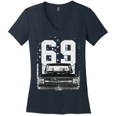 1969 69 C10 Truck Vintage 4th Of July American Flag Women's V-Neck T-Shirt