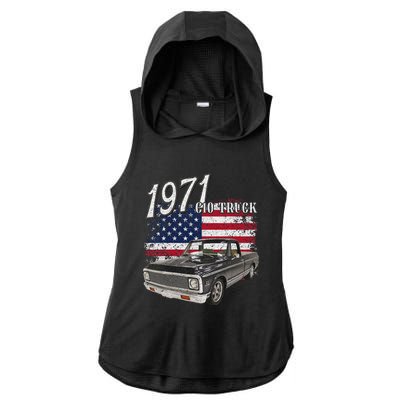 1971 71 C10 Truck Vintage 4th Of July American Flag Ladies PosiCharge Tri-Blend Wicking Draft Hoodie Tank