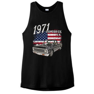 1971 71 C10 Truck Vintage 4th Of July American Flag Ladies PosiCharge Tri-Blend Wicking Tank