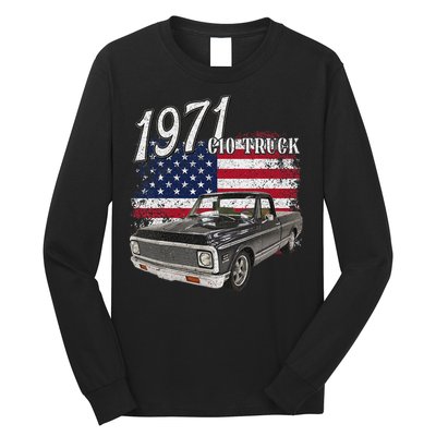 1971 71 C10 Truck Vintage 4th Of July American Flag Long Sleeve Shirt