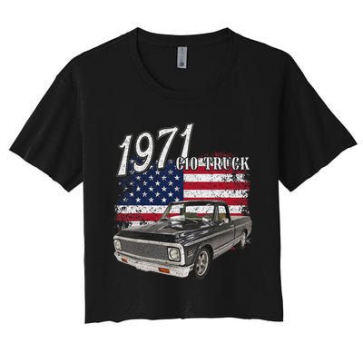 1971 71 C10 Truck Vintage 4th Of July American Flag Women's Crop Top Tee